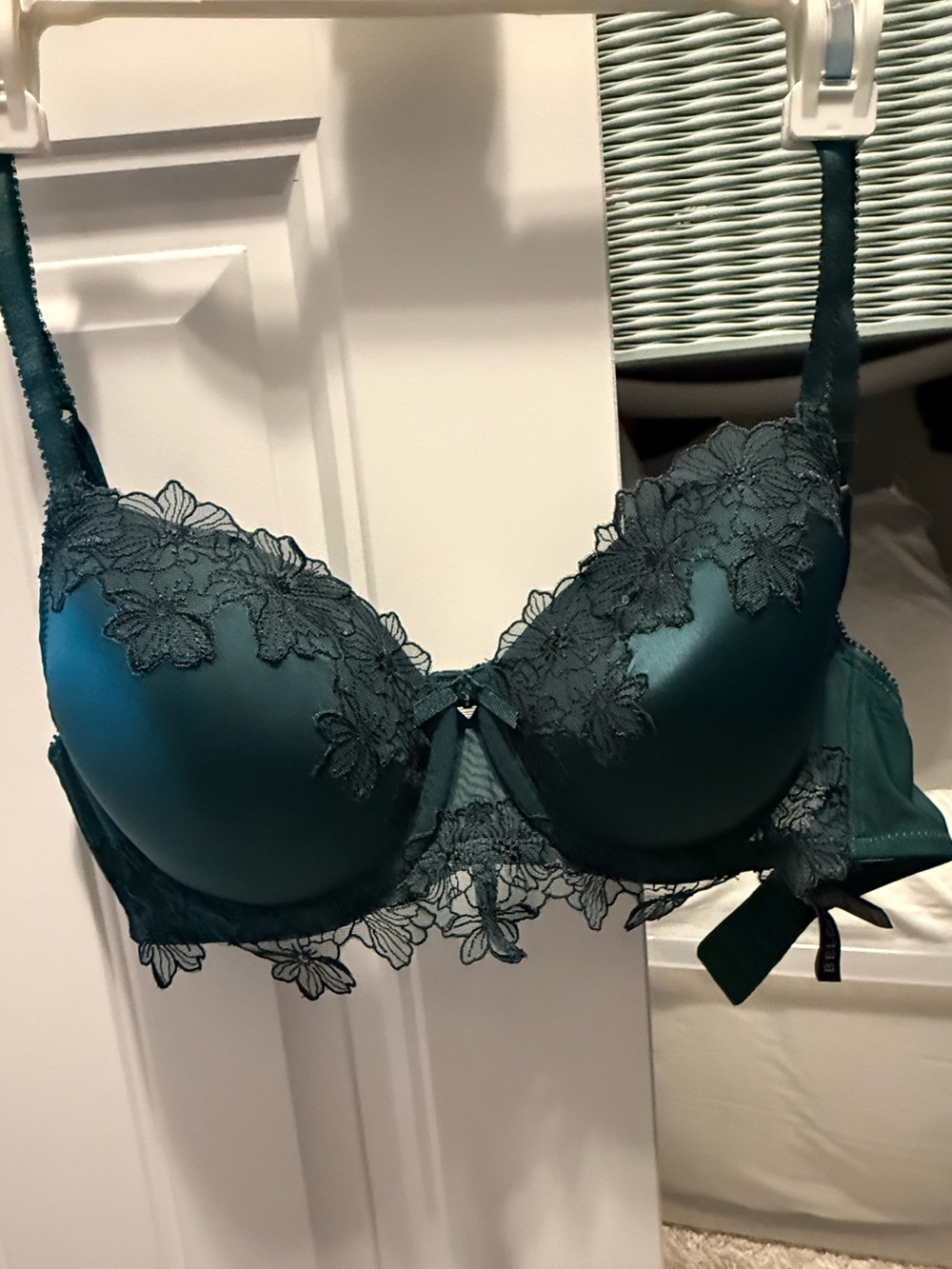 Lace Trim Satin Balconette Bra - Deep Teal